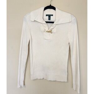 Lauren Ralph Lauren Cream Ribbed Shawl Collar Sweater Gold Clasp Medium